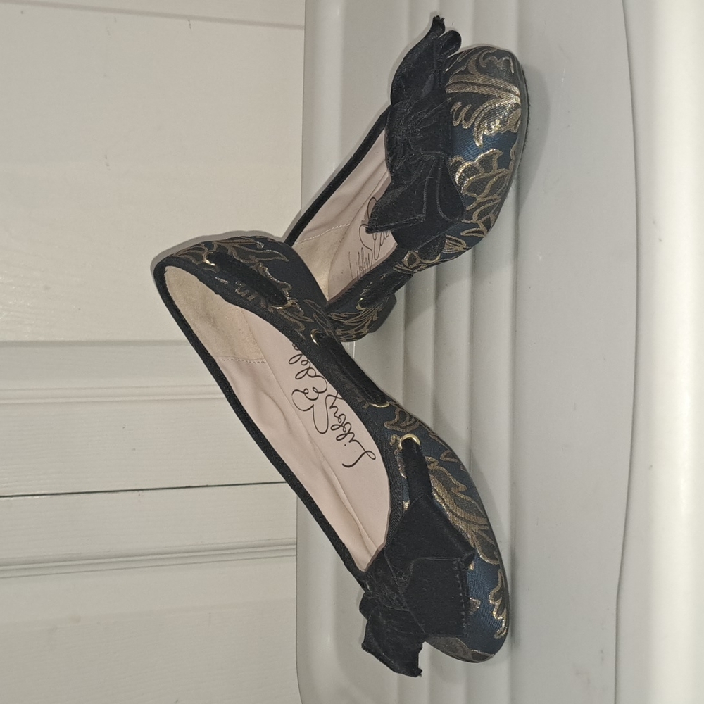 Libby Edelman nylon blue & metallic gold "Casey" ballet flats - velvet bow - 7